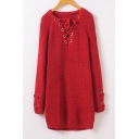 Women's Lace Up V-Neck Long Sleeve Plain Tunic Pullover Sweater