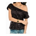 New Fashion One Shoulder Short Sleeve Chic Sequined Design Pullover T-Shirt