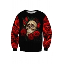 Hot Fashion 3D Floral Skull Pattern Long Sleeve Round Neck Pullover Sweatshirt
