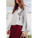 Fashion Embroidery Floral Bell Long Sleeve V-Back Blouse