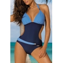 New Trendy Color Block Halter Neck Cut Out Waist One Piece Swimwear