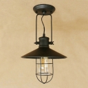 Industrial Hanging Pendant Light with Flared Shade Wire Metal Cage in Black