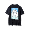Cartoon Funny Cat Pattern Short Sleeve Round Neck Boxy Comfort T-Shirt