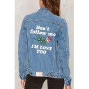 Chic Floral Letter Embroidered Back Lapel Collar Long Sleeve Buttons Down Denim Jacket