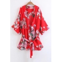 Floral Printed Open Front Half Sleeve Belt Waist Tunic Kimonos