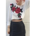 New Collection Chic Floral Embroidered Round Neck Long Sleeve Cropped Sweatshirt