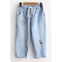 Summer's Lovely Cartoon Cat Embroidered Elastic Drawstring Waist Loose Capris Jeans