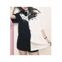 New Fashion Bat Printed Color Block Round Neck Short Sleeve Casual T-Shirt