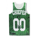 3D Leaves Letter Pattern Round Neck Sleeveless Breathable Sports Tank Tee
