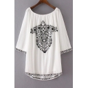 Chic Embroidered Boat Neck 3/4 Sleeve Casual Loose Mini T-Shirt Dress