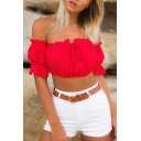 Hot Fashion Off The Shoulder Short Sleeve Simple Plain Cropped Pullover Blouse
