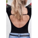 Sexy Open Back Long Sleeve Chic Floral Embroidered Scoop Neck Bodysuit