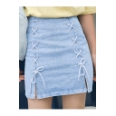 Summer's Basic Plain Chic Lace-Up Sides Mini Denim Bodycon Skirt