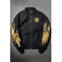 Gold Wings Printed Stand Up Collar Long Sleeve Retro Zip Up Bomber Jacket