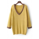 V Neck Long Sleeve Casual Leisure Fashion Color Block Pullover Sweater