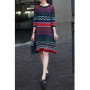 New Fashion Round Neck 3/4 Sleeve Wave Striped Printed Midi A-Line Dress
