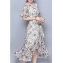 Summer's Chiffon Floral Printed V Neck Half Sleeve Midi A-Line Asymmetrical Dress