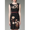 Chic Floral Embroidered Round Neck Sleeveless Midi Pencil Tank Dress