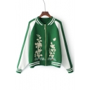 New Stylish Stand Up Collar Zip Fly Embroidery Floral Cardigan Coat