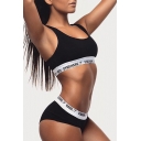 Fashion Letter Printed Scoop Neck Sleeveless Cropped Tank with Skinny Brief Sports Set