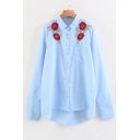 Embroidery Red Floral Pattern Single Breasted Lapel Tunic Shirt