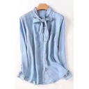 Women's Bow Stand Up Collar Long Sleeve Single Breasted Denim Shirt with Pockets