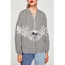 Floral Embroidered Plaids Pattern V Neck Long Sleeve Buttons Down Shirt