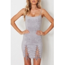 Fashion Lace-Up Hem Spaghetti Straps Sleeveless Plain Mini Bodycon Slip Dress