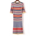 Women's Color Block Striped Half Sleeve Round Neck Midi Sweater Dress
