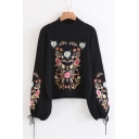 Chic Floral Embroidered Mock Neck Lantern Sleeve Pullover Sweater