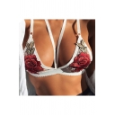 Chic Floral Embroidered Sheer Mesh Inserted Spaghetti Straps Bra Top