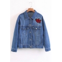 Chic Rose Embroidered Crane Pattern Back Long Sleeve Buttons Down Denim Jacket