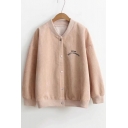 Simple Letter Embroidered Stand-Up Collar Long Sleeve Buttons Down Corduroy Coat