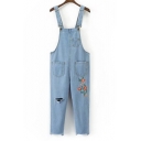 Chic Floral Embroidered Fashion Ripped Out Casual Leisure Denim Overalls Pants