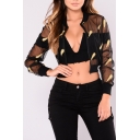 Chic Feather Embroidered Sexy Sheer Long Sleeve Zip Up Cropped Coat