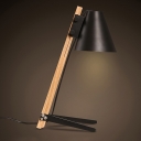 Industrial Desk Lamp Adjustable with Wood Base in Black Drum Shape