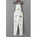 Fashion Cartoon Letter Graffiti Embroidered Ripped Out Denim Overall Pants