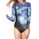 New Collection 3D Whirlpool Pattern Round Neck Long Sleeve One Piece Swimwear