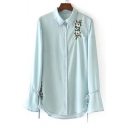Chic Floral Embroidered Lapel Collar Long Sleeve Flared Cuff Chambray Shirt