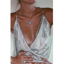 Summer's Silver Sexy Plunge Neck Spaghetti Straps Cropped Cami Top
