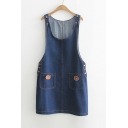 Lovely Cartoon Bear Pockets Scoop Neck Sleeveless Shift Denim Overall Dress