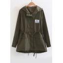 Fashion Letter Patched Drawstring Waist Hooded Long Sleeve Zip Up Coat