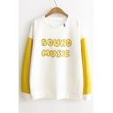 Fashion Color Block Letter Printed Long Sleeve Round Neck Pullover T-Shirt