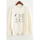 Lovely Cartoon Beaded Cat Printed Long Sleeve Round Neck Pullover Casual Sweater