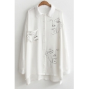 New Arrival Chic Character Sketch Lapel Collar Long Sleeve Tunic Shirt