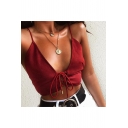 New Collection Sexy Spaghetti Straps Lace-Up Plain Cropped Cami Top