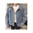 Chic Floral Embroidered Lapel Collar Long Sleeve Buttons Down Denim Jacket
