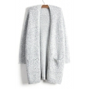 Basic Simple Plain Long Sleeve Open Front Long Cardigan with Double Pockets