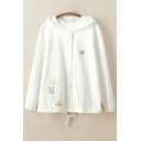 Embroidery Pattern Single Breasted Drawstring Hem Hooded Coat