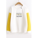 Chic Color Block Letter Pattern Long Sleeve Round Neck Pullover T-Shirt